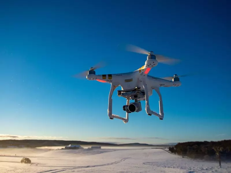 drone hovering in winter